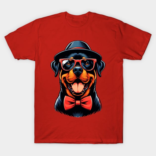 cute Rottweiler Dog Wearing Red Glasses And Bow Tie T-Shirt by Figurely creative